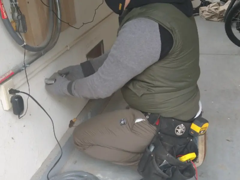 Electrician performing outlet wiring in a Columbus garage